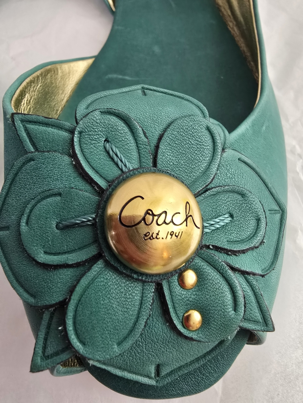 COACH Est. 1941 Teal Green Leather Floral Slingback Peep Toe Heels - Sz 8.5 NWOB - Picture 3 of 11